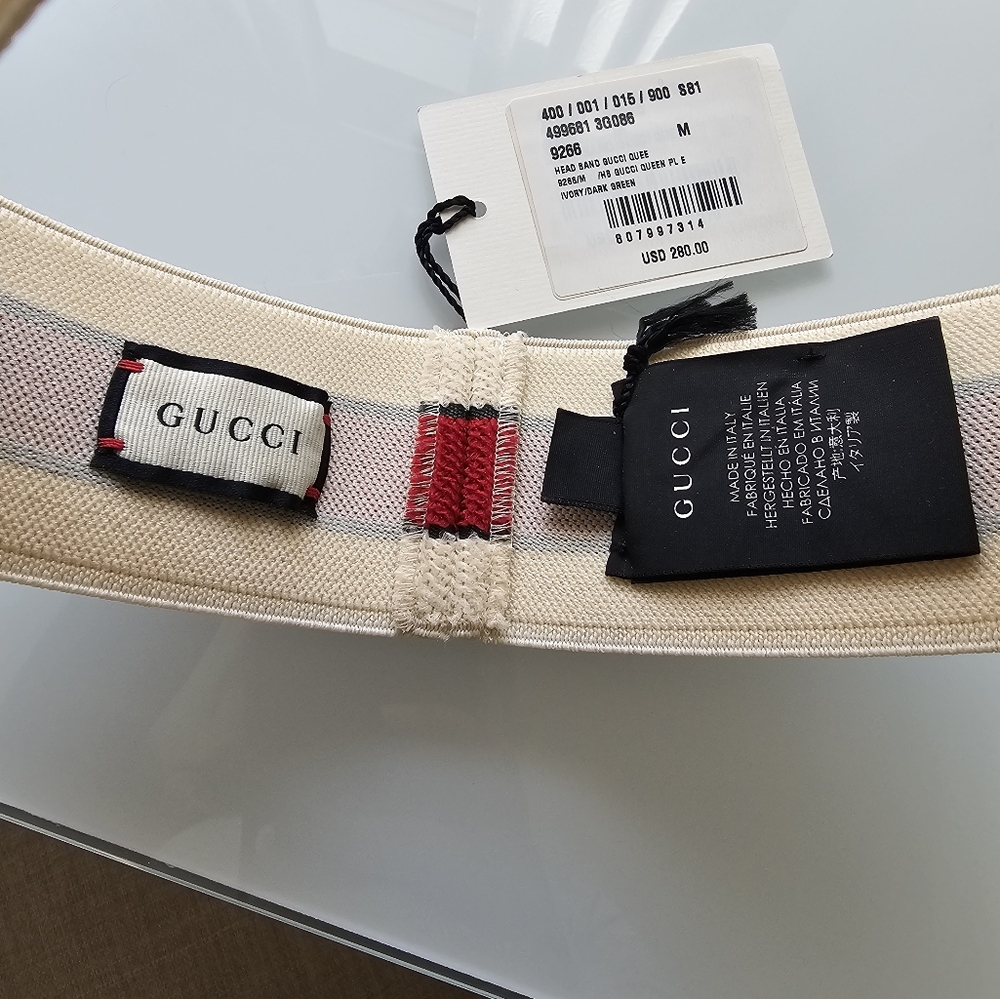 Gucci Red, Green, and Ivory Monogram Logo Elastic Headband Unisex - Picture 3 of 7